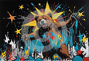 a bold and expressive painting in Basquiat-style, depicting a rawly sketched, powerful bear holding a brightly glowing star in its photo