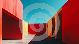 Bold geometric architecture featuring vibrant red and orange walls under a clear blue sky, creating strong visual contrasts and photo