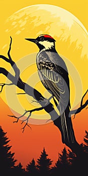 Bold Graphic Illustration Of A Bird On A Tree Branch At Sunset