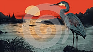 Bold Graphic Illustration Of Blue Heron At Sunset