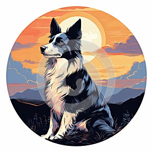 Bold Graphic Illustration Of Border Collie Dog At Sunset