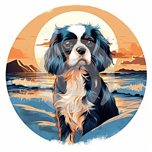 Bold Graphic Illustration Of Cavalier King Charles Spaniel On Surfers Paradise Beach