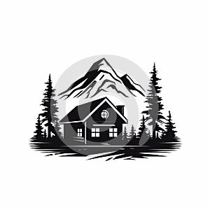 Bold Graphic Illustration Of Mountain House And Forest