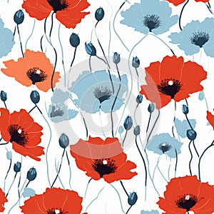 Bold Graphic Illustration Of Red And Blue Poppies On White Background