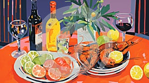 Bold Graphic Illustration Of Shrimp And Wine On Canvas