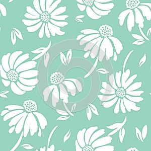 Bold graphic large scale white flowers on mint background vector seamless pattern