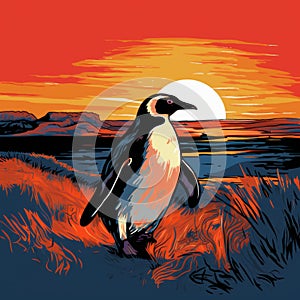 Bold Graphic Penguin Painting With Sunset Background