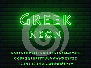 Bold green neon font greek style. letters, numerals, signs, symbols and icons for advertising and web design