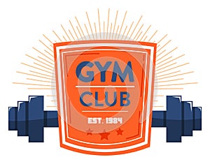 Bold gym club logo with a crest, dumbbells and sunburst in orange and blue. Fitness emblem with weights and vintage