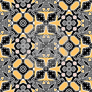 Bold hand drawn floral quilt. Vector pattern seamless background. Symmetry geometric abstract illustration. Trendy retro