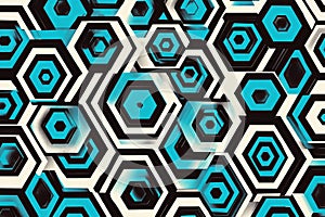 Bold hexagonal shapes interlocked in black and turquoise, arranged in a seamless pattern with depth,