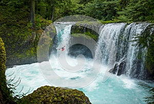 A bold Kayaker goes over the gushing Spirit Falls