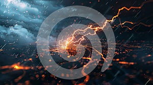 A bold lightning bolt piercing through a dark financial landscape foretelling the disruptive impact of blockchain on photo