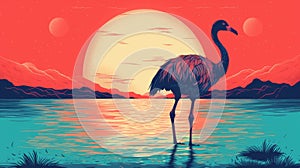 Bold Lithographic Flamingo Walking At Sunset Illustration