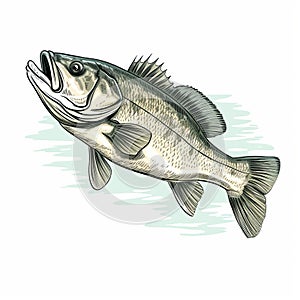 Bold Lithographic Style: Largemouth Bass Swimming On White Background