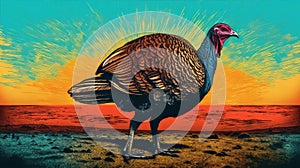 Bold Lithographic Turkey Standing On Grass With Colorful Sky