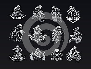 Bold and modern motorcycle icon set in a dynamic edgy style. Power and adrenaline black and white icons for motocross