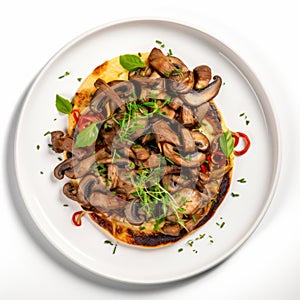 Bold Mushroom And Parmesan Pizza On White Plate - Top View