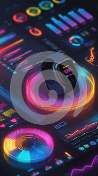 Futuristic Smartwatch with Data Visualization and Glowing Rings