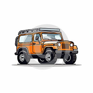 Bold Outlines And Clean Inking: The Orange Jeep On A White Background