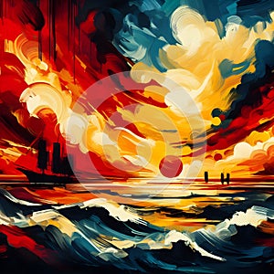 Bold painting art of sunset over the sea in bright colors, sky and water contrast, waves movement, boats, clouds, design, nature