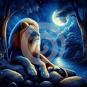 A bold painting art of a young male lion, on the rocks of a jungle, behind a river, at a moonlit night, clouds, trees, plants