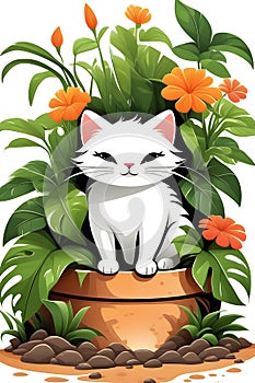 A bold painting of a cute cat, sitting on a plant's potted, with dirt arounds it, white background, digital anime art, animal