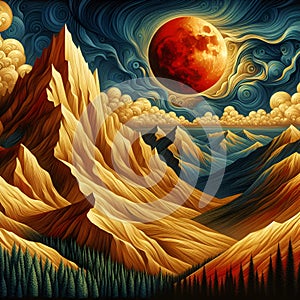 A bold painting of golden mountain with red full moon, tree, night, wallart, fantasy