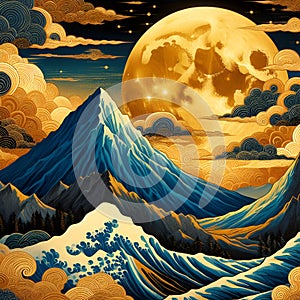 Bold painting of great blue mountain, Hokusai style, waves, golden moon, orange sky, clouds, panorama photo