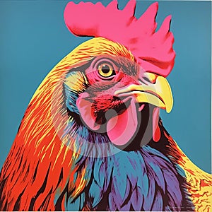 Bold Pop Art Rooster Print: Darkroom Silkscreen In Andy Warhol Style