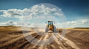 Bold And Precise: Tractor On Dirt Road With Sunny Sky