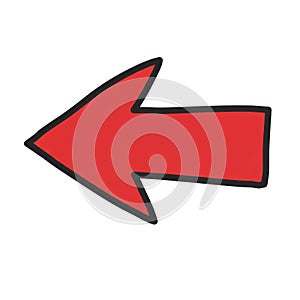 Bold red arrow pointing left hand drawn graphic element for directions and navigation white background