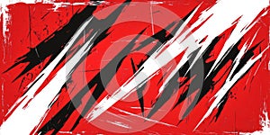 A bold red background with angular, broken lines creating a fragmented effect. The sharp, jagged