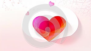 Bold red polygonal heart with soft glow and geometric faceting, centered against a graduated pink background