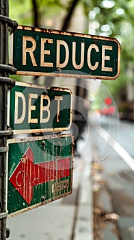 Bold REDUCE DEBT message with red and green arrows, signifying strategies to lower financial burden and emphasizing fiscal
