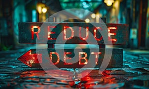 Bold REDUCE DEBT message with red and green arrows, signifying strategies to lower financial burden and emphasizing fiscal