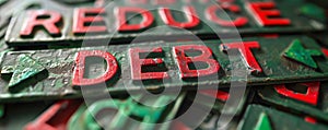 Bold REDUCE DEBT message with red and green arrows, signifying strategies to lower financial burden and emphasizing fiscal