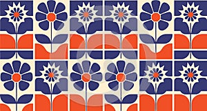 Bold Retro Floral Tile Pattern in Navy Blue and Orange