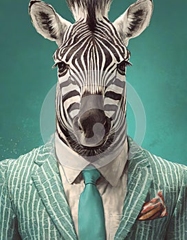 Bold And Retro: Zebra In A Stylish Green Suit And Shades