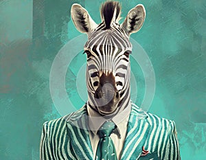 Bold And Retro: Zebra In A Stylish Green Suit And Shades