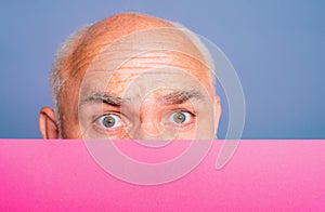 Bold senior man. Close up Bold sad man worrying about hair loss problem. Copy space.