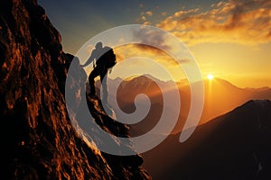 Bold silhouette climber ascends a rocky cliff in mountainous wilderness