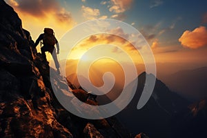 Bold silhouette climber ascends a rocky cliff in mountainous wilderness