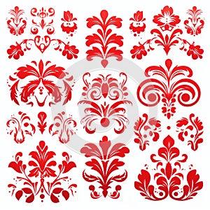 Bold Stencil Floral Decorative Elements In Red - Vector Icons