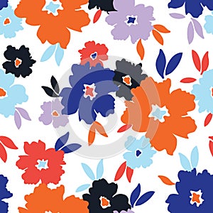 Bold stylized colorful flowers on white background vector seamless pattern