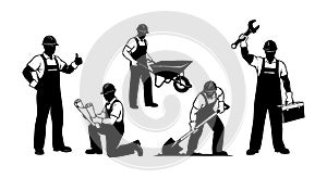 Construction worker silhouettes with tools and equipment
