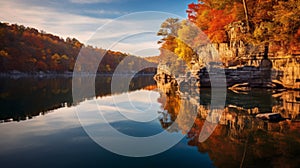 Bold And Vibrant Fall Trees Reflecting On Mountain Lake