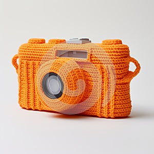 Bold And Vibrant Knitted Orange Camera In Pop Art Style