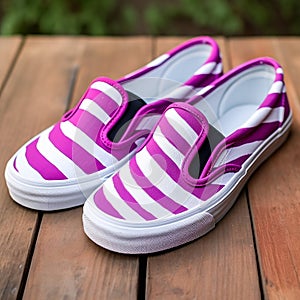 Bold And Vibrant Purple And White Striped Slip On Sneakers