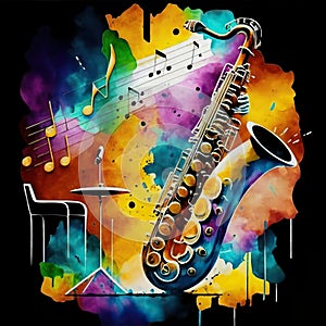 Bold watercolor saxophone captures the essence of jazz
